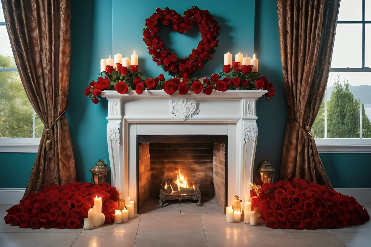 Toile de fond Saint-Valentin Idées Cheminée Roses Bougies BRP11-421