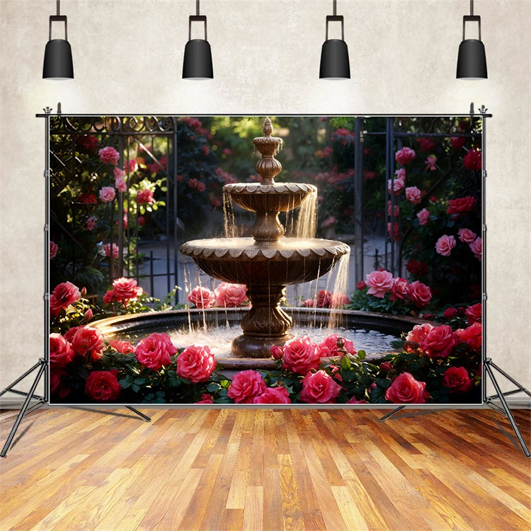 Toile de fond Saint-Valentin Fontaine Jardin Roses Romantiques BRP11-425