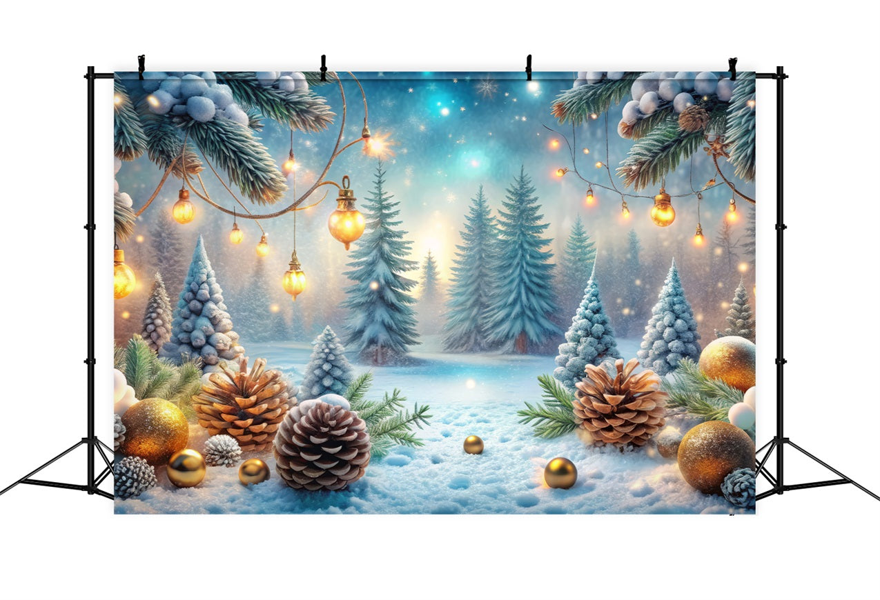 Toile de fond Hiver Forêt Décorations Dorées Sapins Givrés BRP11-479