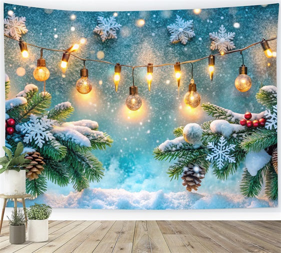 Toile de fond Hiver Scène Pommes de Pin Givrées Guirlandes Lumineuses BRP11-481