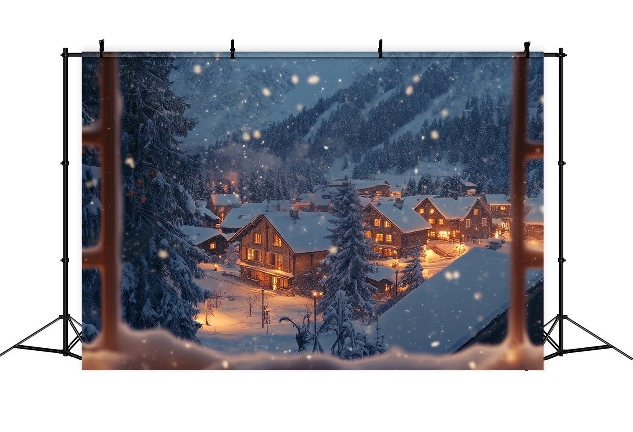 Toile de fond Hiver Photographie Village Étincelant Vue par Fenêtre BRP11-498