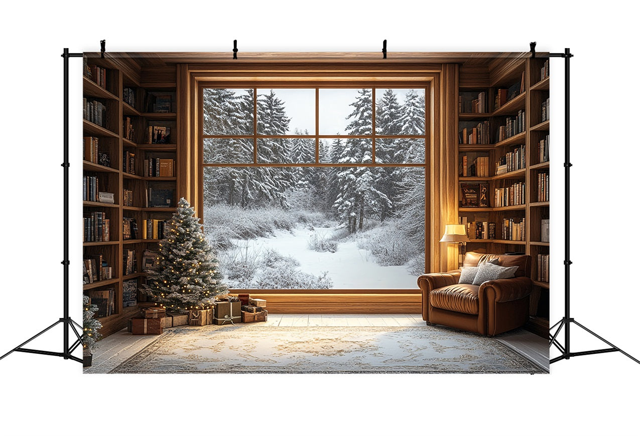 Toile de fond Hiver Bibliothèque Vue Forêt Enneigée Fenêtre BRP11-502