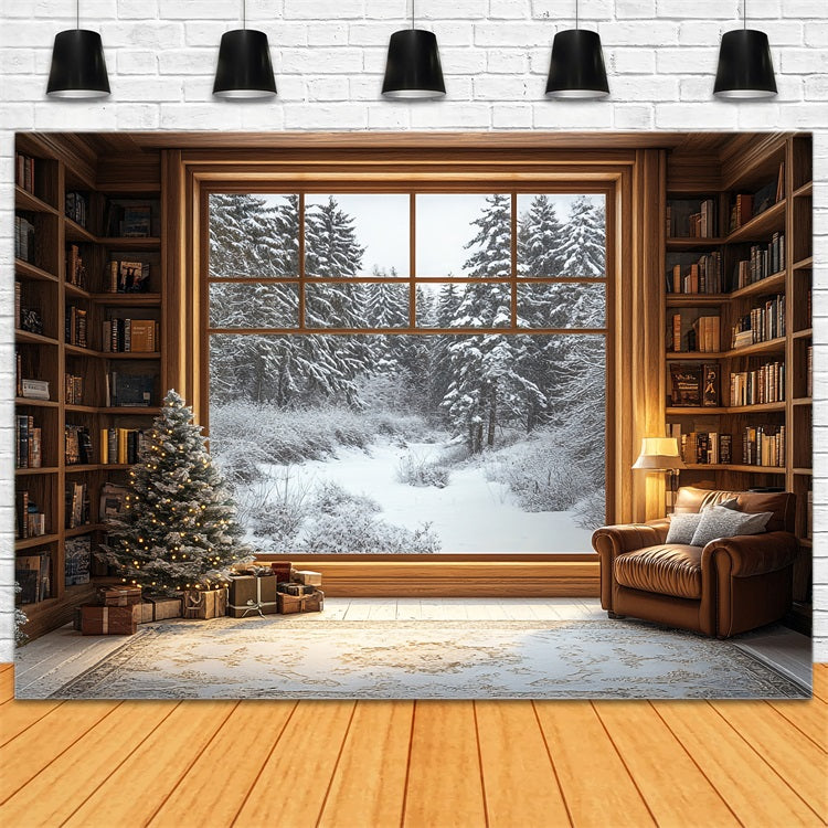 Toile de fond Hiver Bibliothèque Vue Forêt Enneigée Fenêtre BRP11-502