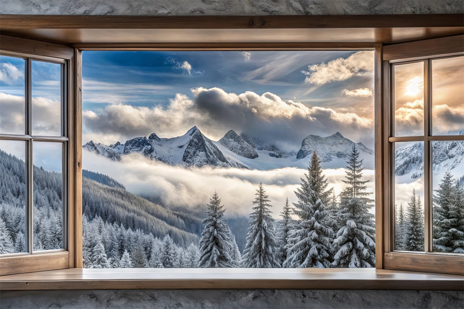 Toile de fond Hiver Photographie Majesté des Montagnes Vue Fenêtre BRP11-503