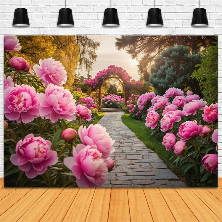 Toile de fond Printemps Arche Pivoines Roses Sentier BRP11-517