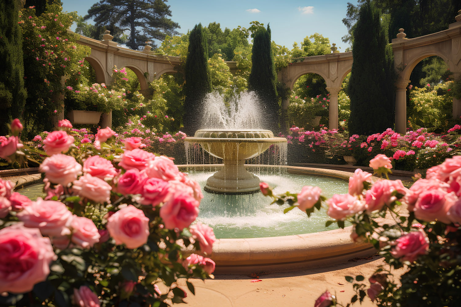 Toile de fond Printemps Fontaine Roses Fleurissantes BRP11-528