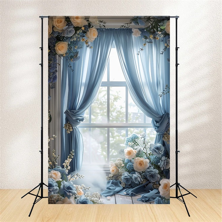 Toile de fond Printemps Rideau Bleu Fenêtre Rose BRP11-531