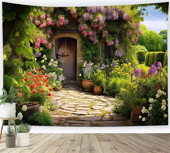 Toile de fond Printemps Porte Cottage Jardin Fleuri BRP11-532