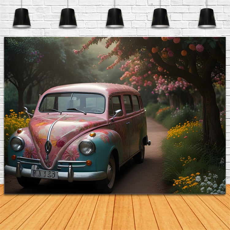 Toile de fond Printemps Rétro Voiture Florale Photographie BRP11-535