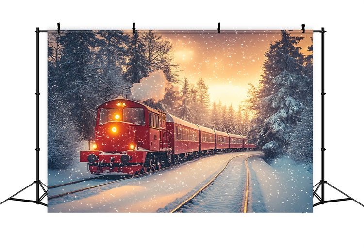 Toile de fond Hiver Train Rouge Forêt Enneigée BRP11-58