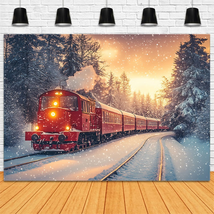 Toile de fond Hiver Train Rouge Forêt Enneigée BRP11-58