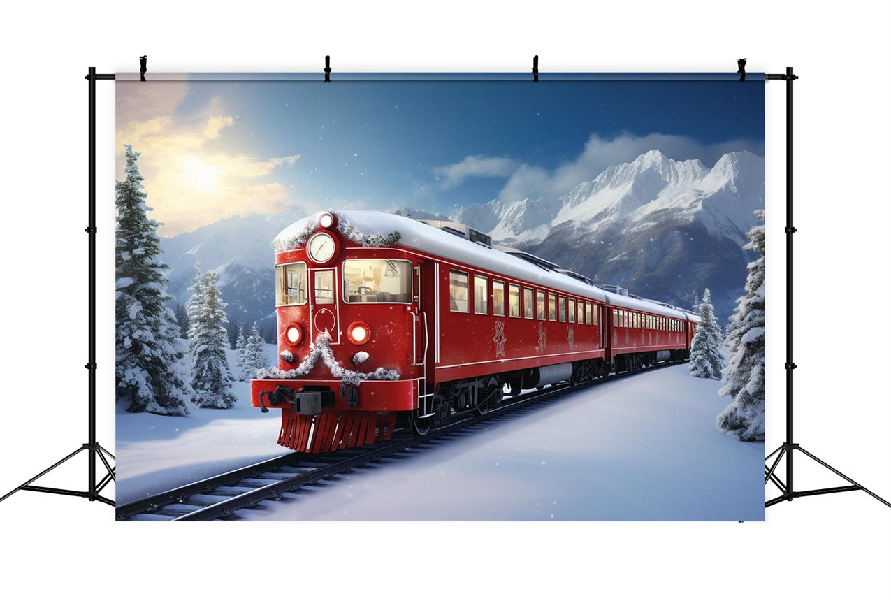 Toile de fond Hiver Train Rouge Montagnes Neige BRP11-59