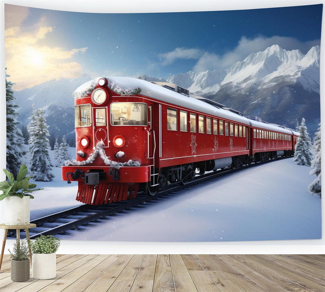 Toile de fond Hiver Train Rouge Montagnes Neige BRP11-59