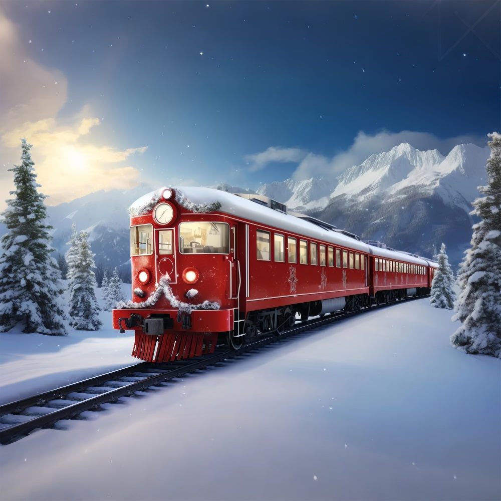 Toile de fond Hiver Train Rouge Montagnes Neige BRP11-59