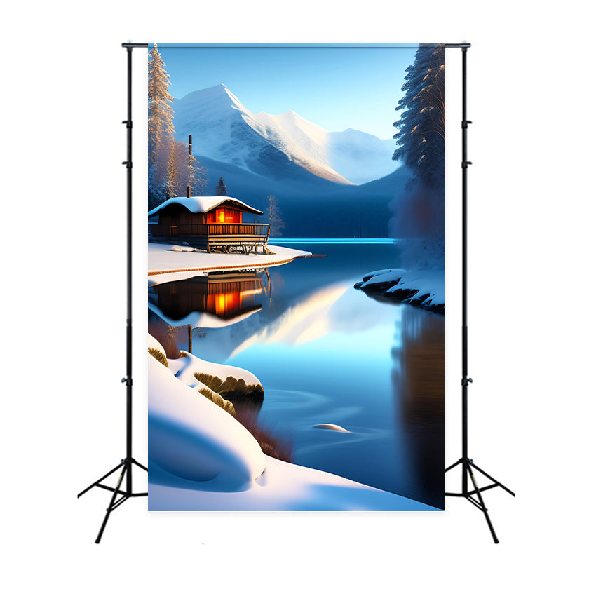 Toile de fond Hiver Chalet Lac Reflets Montagne BRP11-71