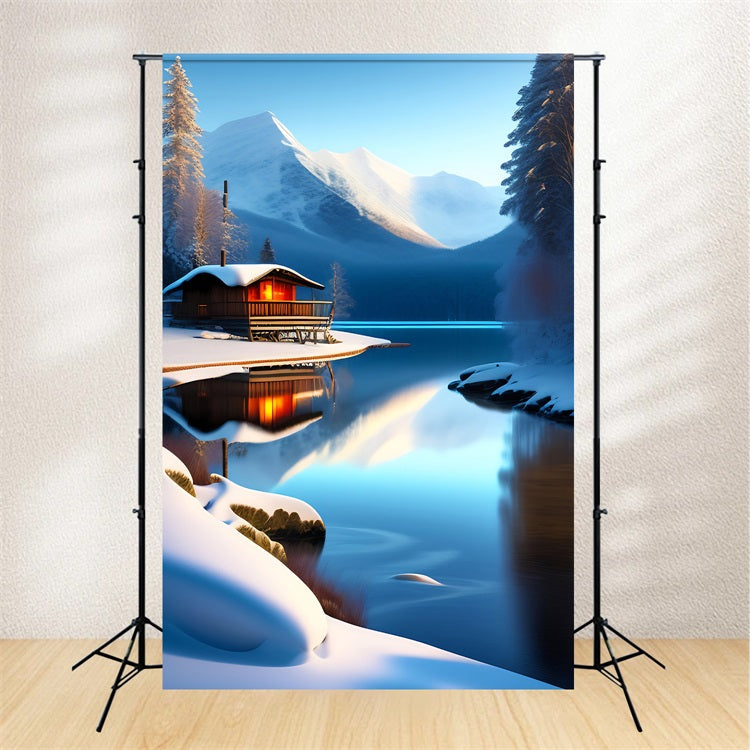 Toile de fond Hiver Chalet Lac Reflets Montagne BRP11-71