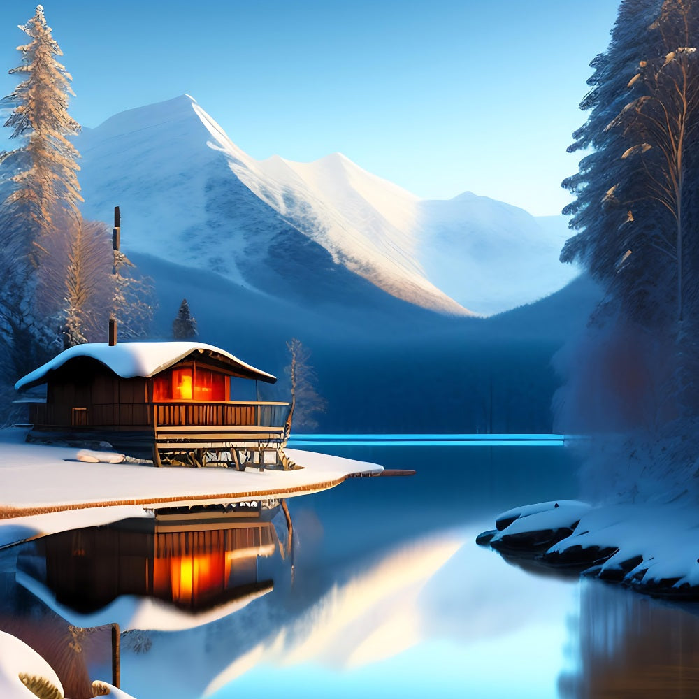 Toile de fond Hiver Chalet Lac Reflets Montagne BRP11-71