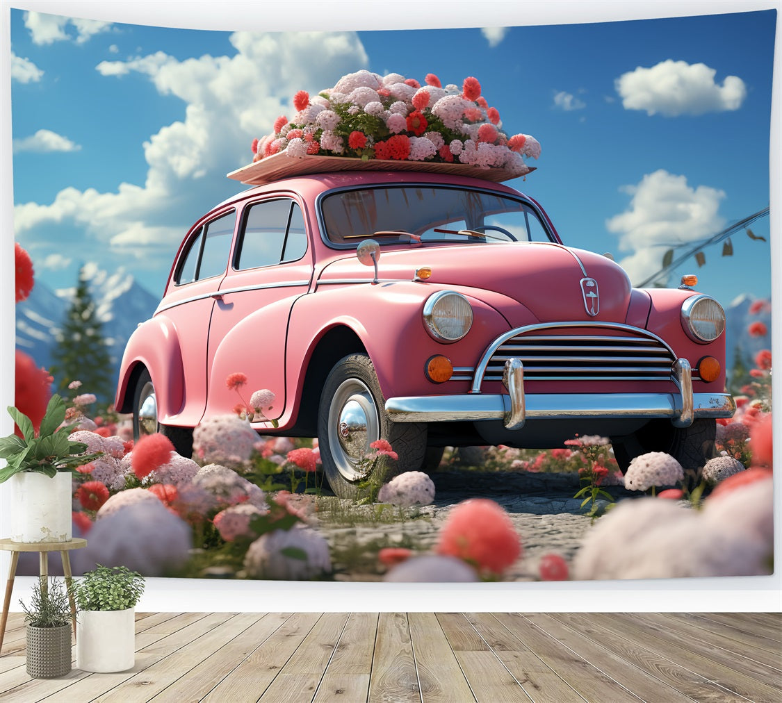 Toile de fond Saint-Valentin Voiture Rose Décorée de Fleurs BRP12-178