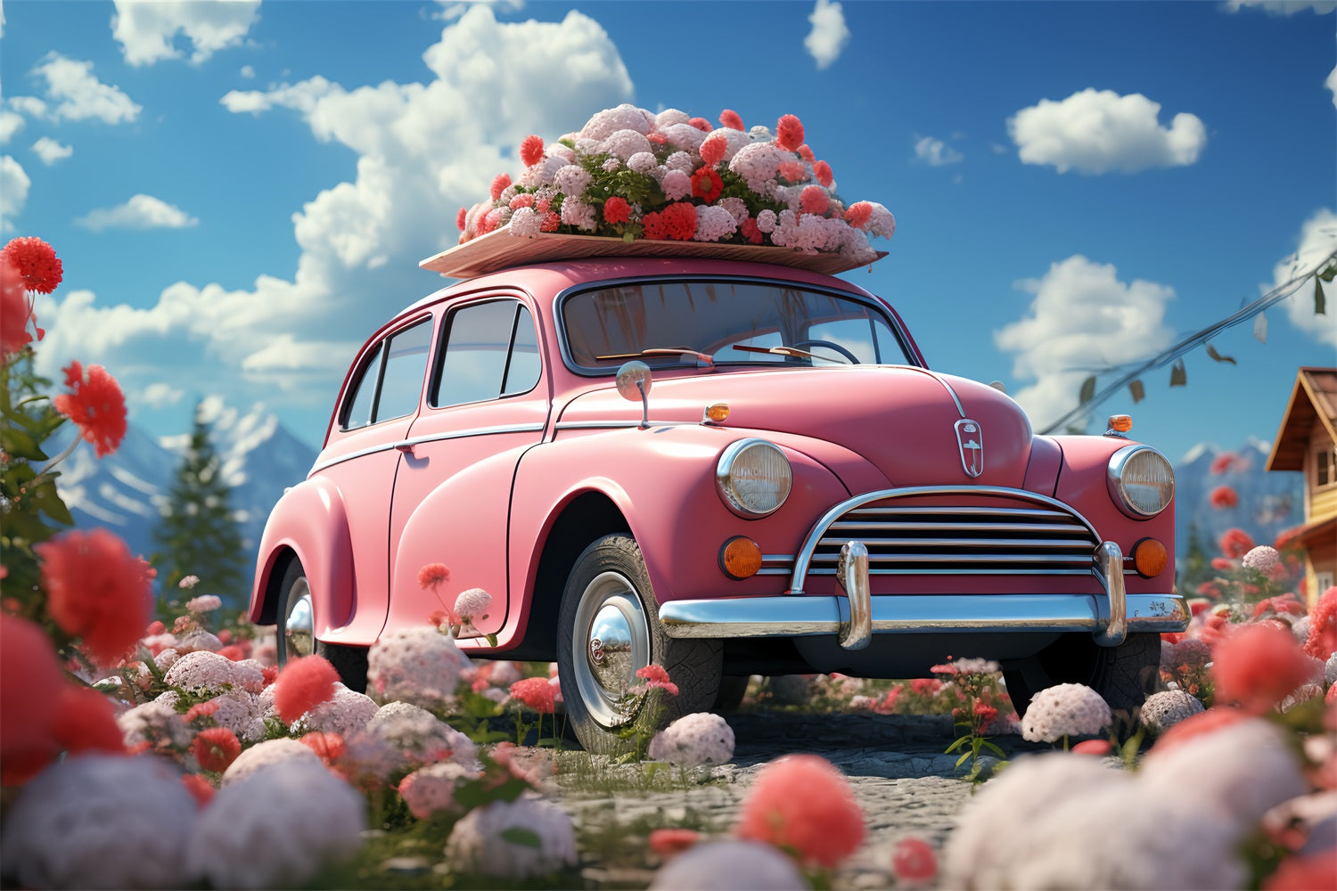 Toile de fond Saint-Valentin Voiture Rose Décorée de Fleurs BRP12-178