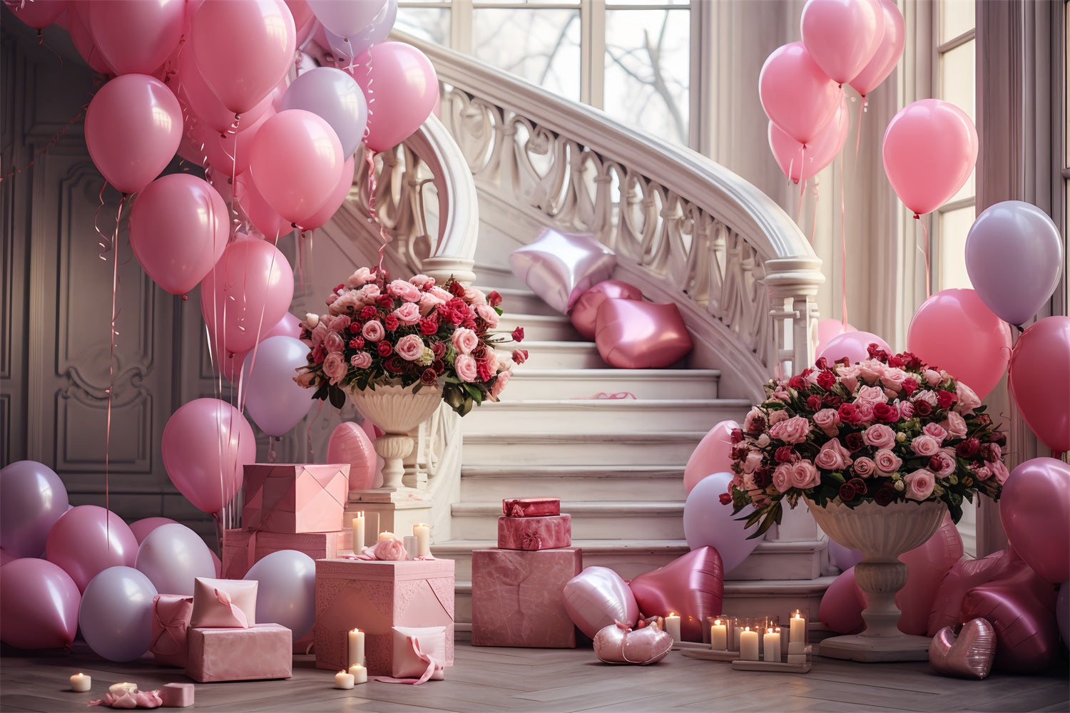 Toile de fond Photographie Saint-Valentin Roses Escalier Ballons Célébration BRP12-196