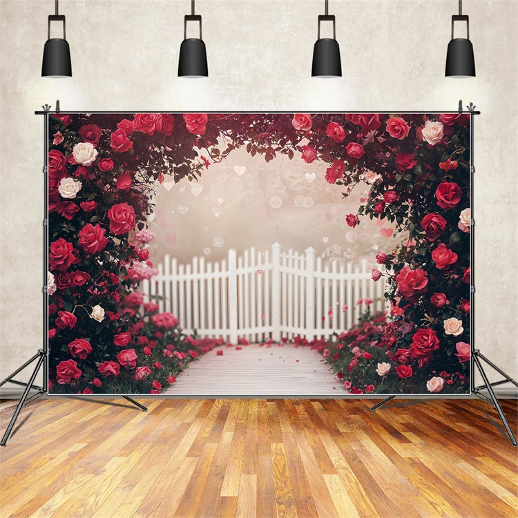 Toile de fond Saint-Valentin Décor Jardin de Roses Clôture Blanche BRP12-249