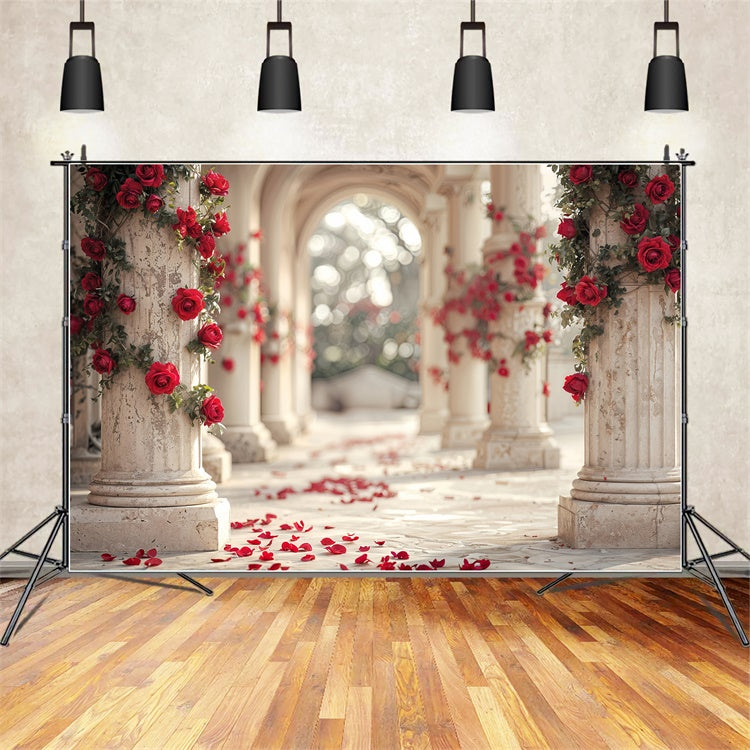 Toile de fond Saint-Valentin Chemin de Roses Rouges Colonnes en Marbre BRP12-257