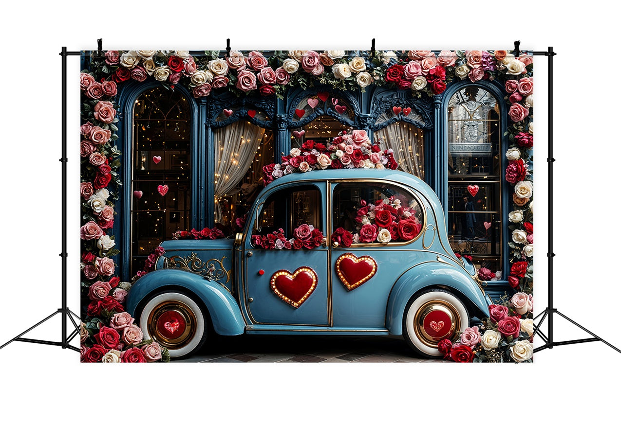 Toile de fond Saint-Valentin Voiture Bleue Thème Amour Floral BRP12-259