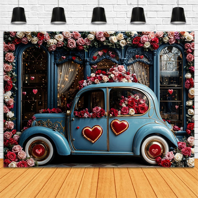 Toile de fond Saint-Valentin Voiture Bleue Thème Amour Floral BRP12-259