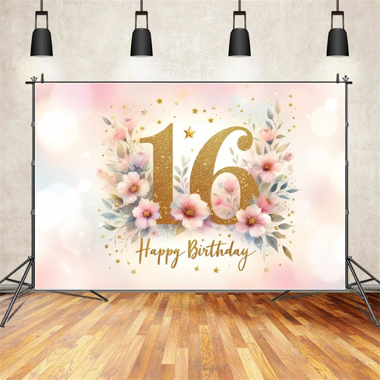 Toile de fond Anniversaire Fleurs Roses Or 16ème Party BRP12-288