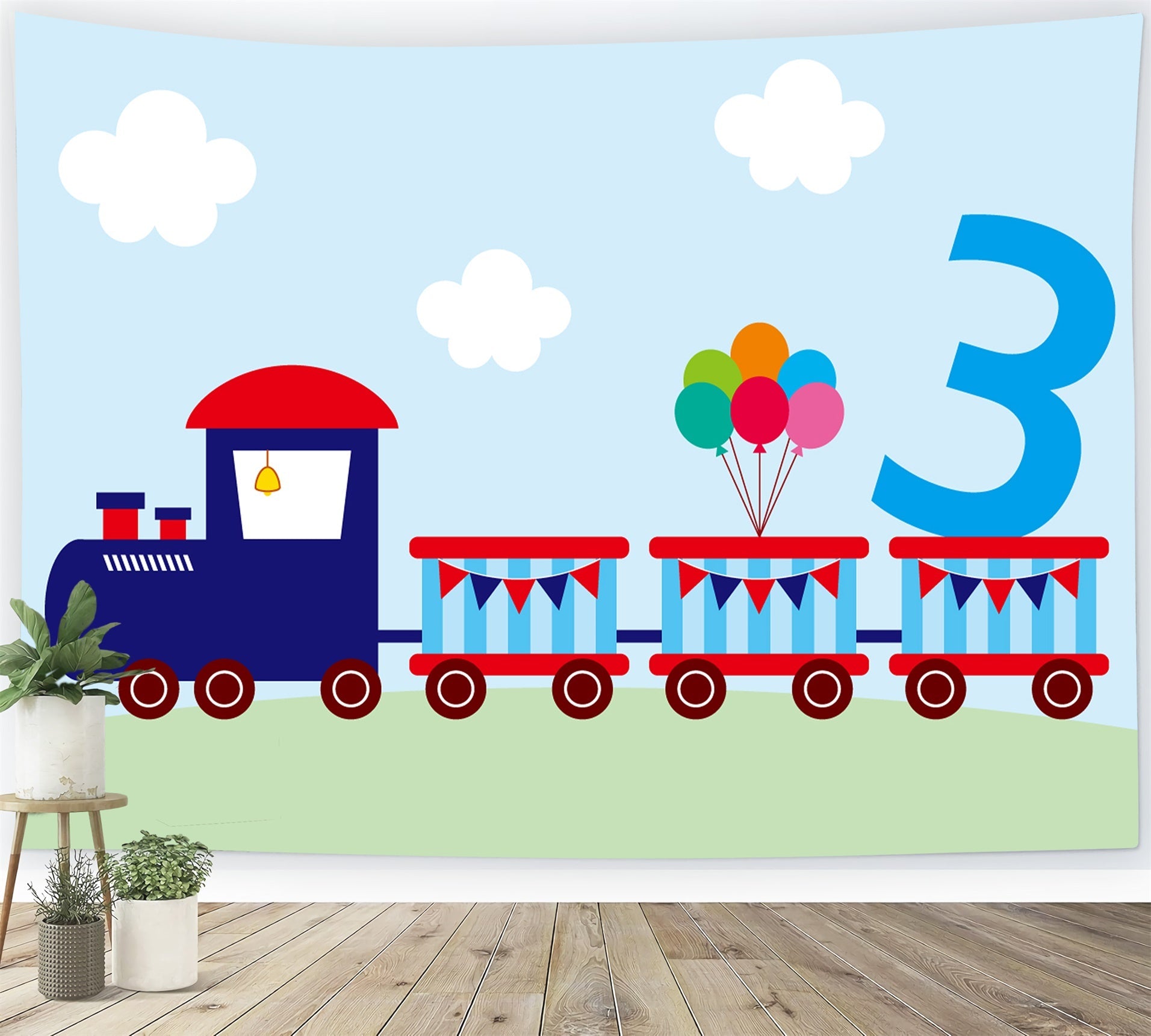 Toile de fond Anniversaire Personnalisé Train Thème Ballon Trois BRP12-297