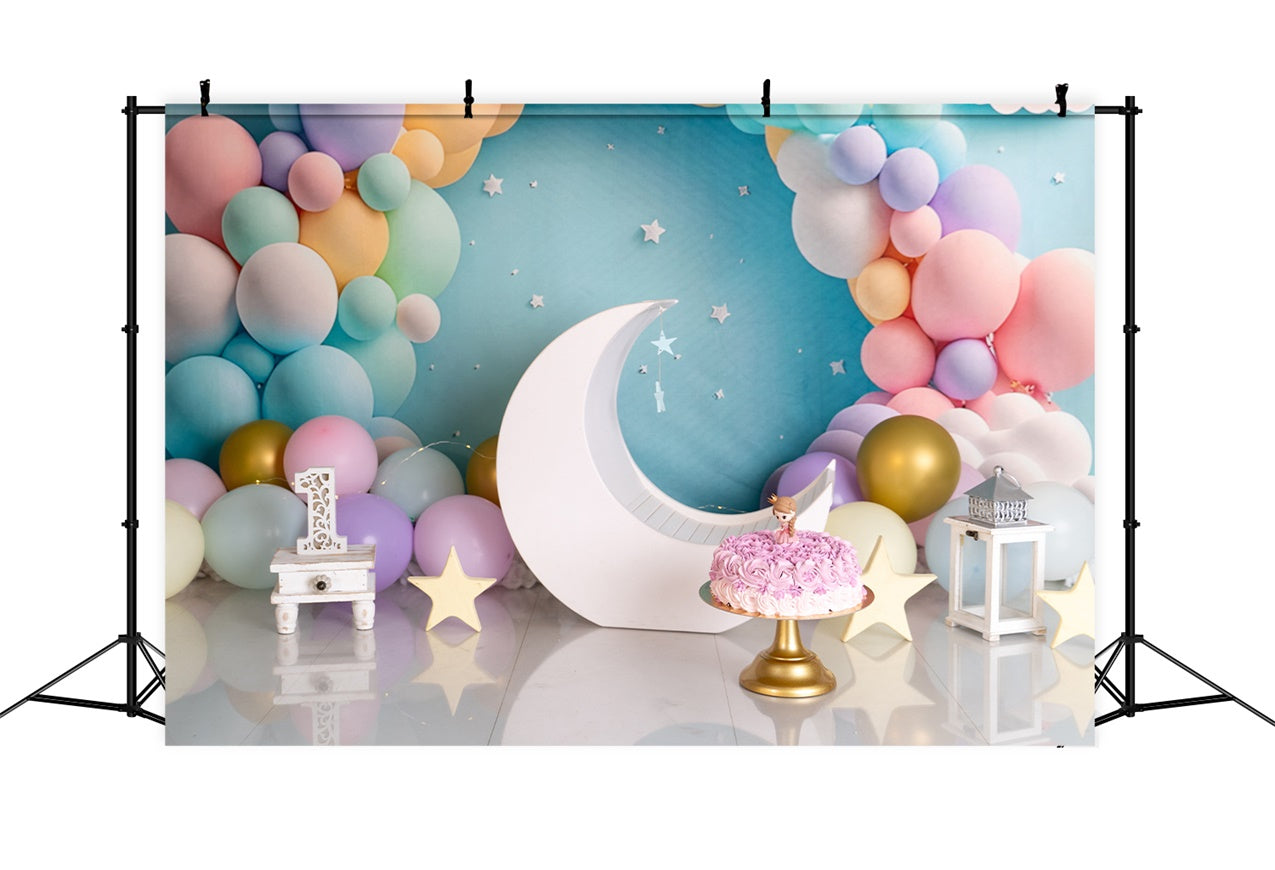 Toile de fond Anniversaire Personnalisée Ballons Pastel Lune BRP12-300