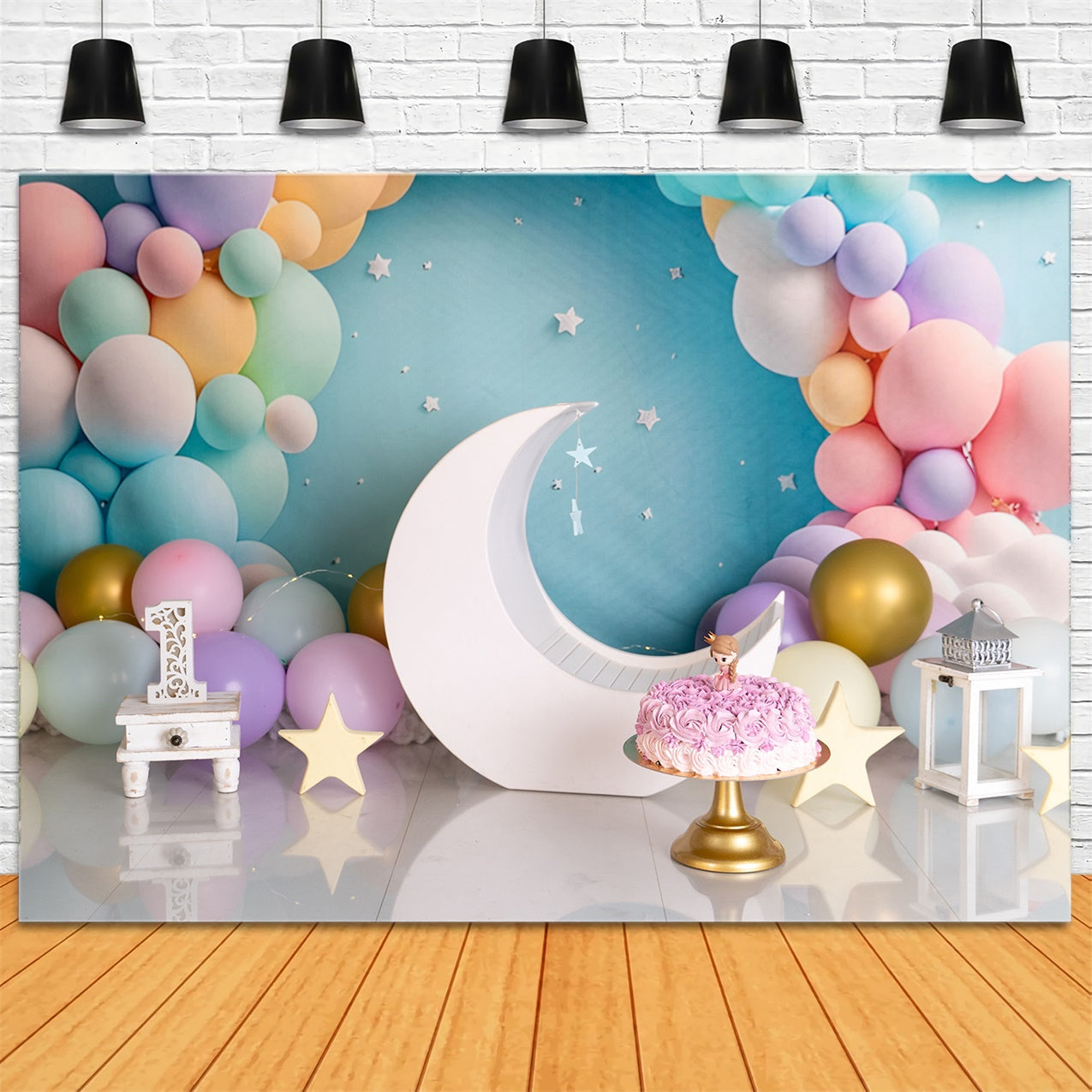 Toile de fond Anniversaire Personnalisée Ballons Pastel Lune BRP12-300