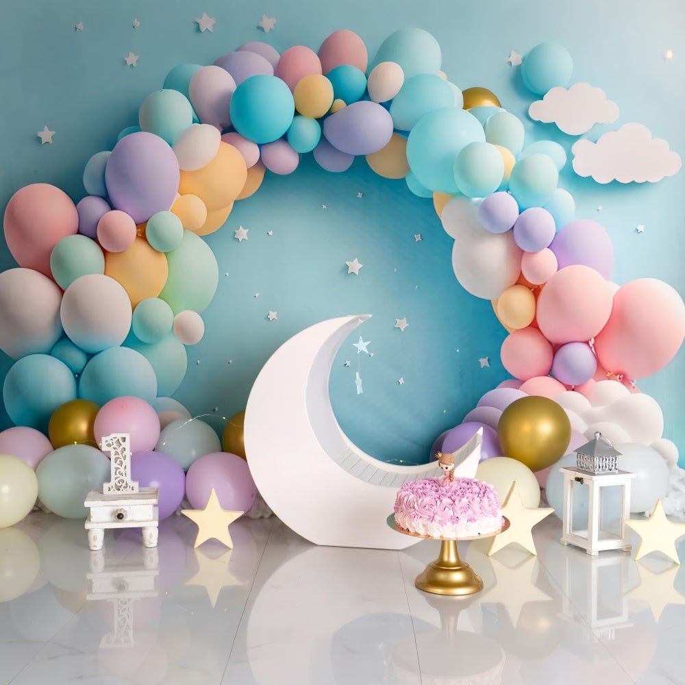 Toile de fond Anniversaire Personnalisée Ballons Pastel Lune BRP12-300