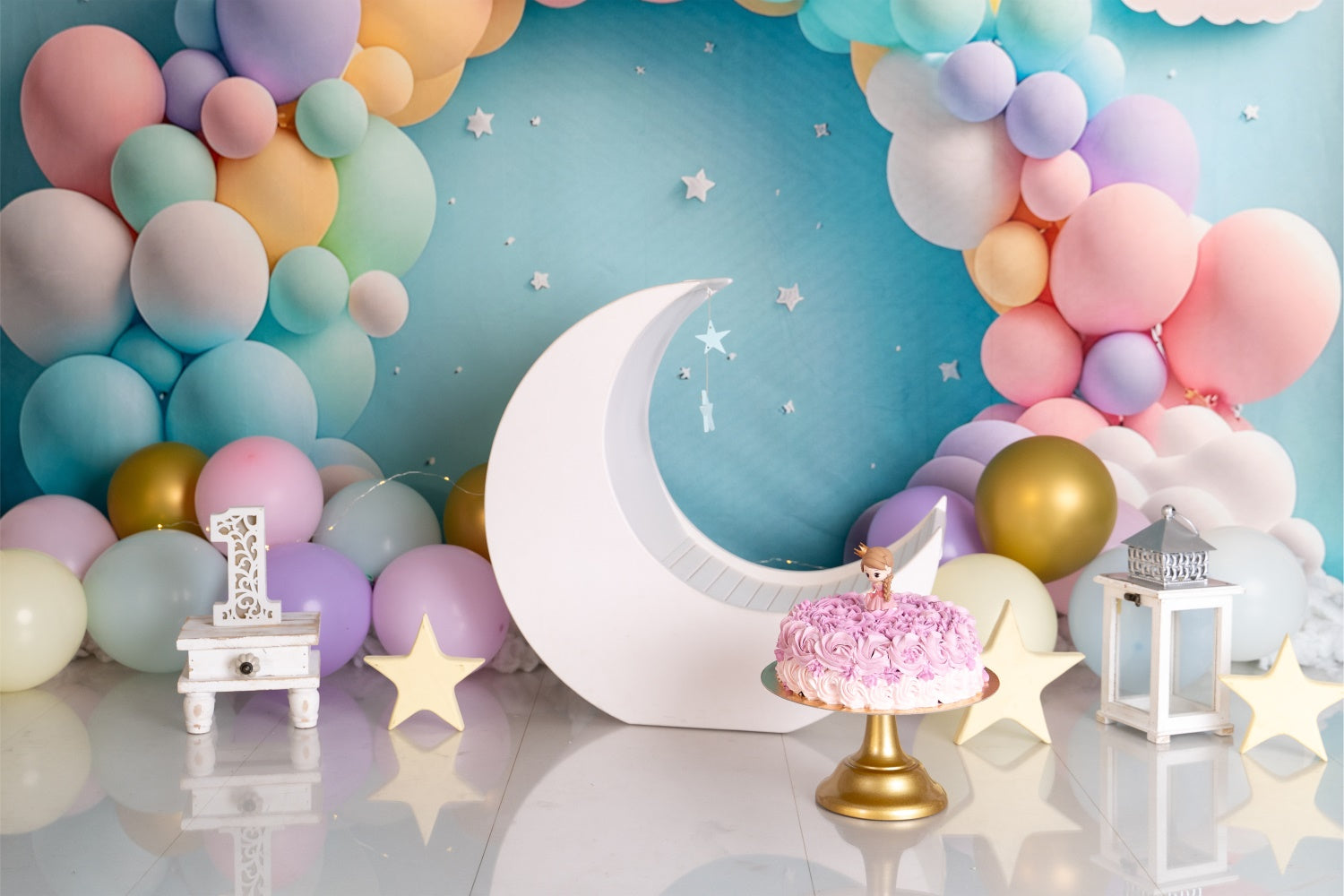 Toile de fond Anniversaire Personnalisée Ballons Pastel Lune BRP12-300