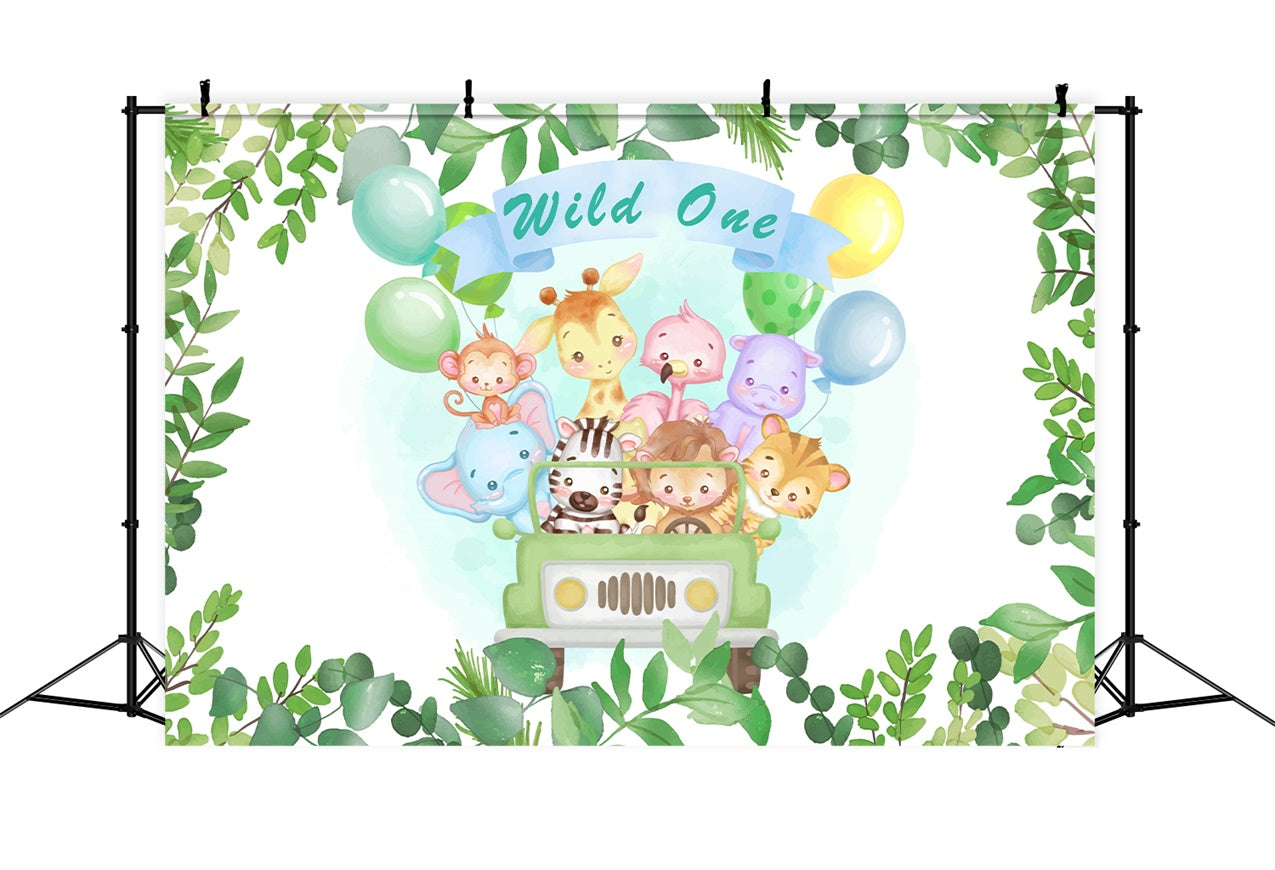 Toile de fond Anniversaire Personnalisée Wild One Animaux de Safari Ballon BRP12-302