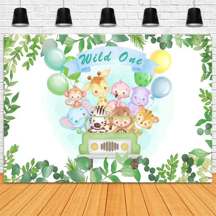 Toile de fond Anniversaire Personnalisée Wild One Animaux de Safari Ballon BRP12-302