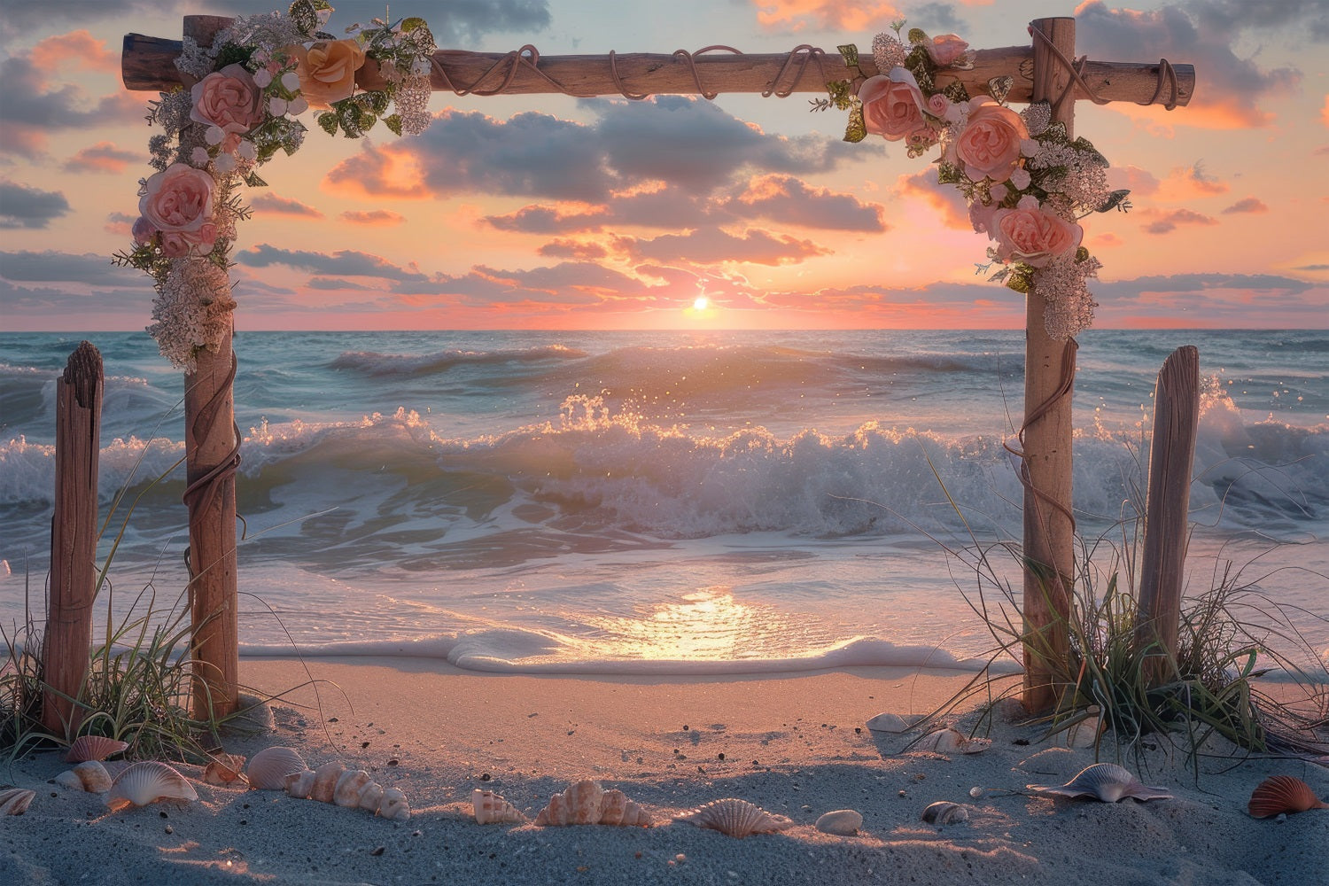 Toile de fond Décoration Mariage Photographie Plage Sunset Floral Arche BRP12-381