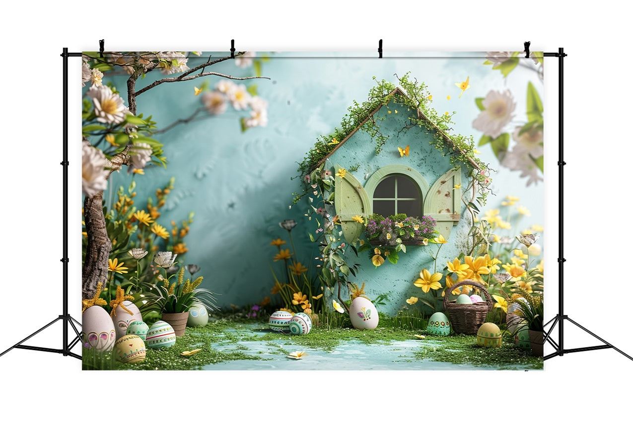 Fond Studio Photo Pâques Cottage Jardin Fleurs Jaunes BRP12-399