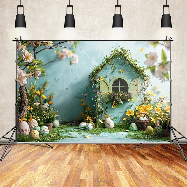 Fond Studio Photo Pâques Cottage Jardin Fleurs Jaunes BRP12-399