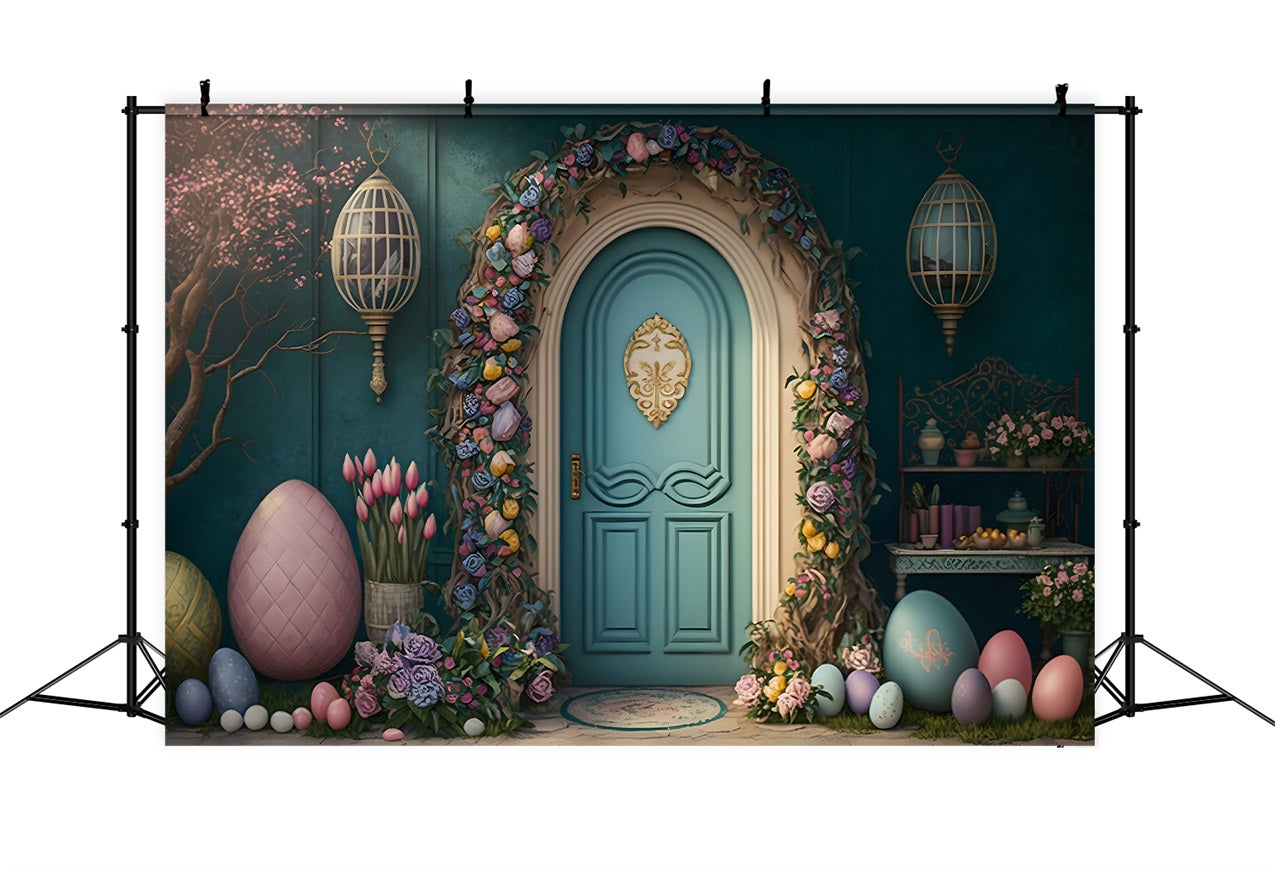 Fond Studio Photo Pâques Élégante Porte Florale Œufs Pastel BRP12-403