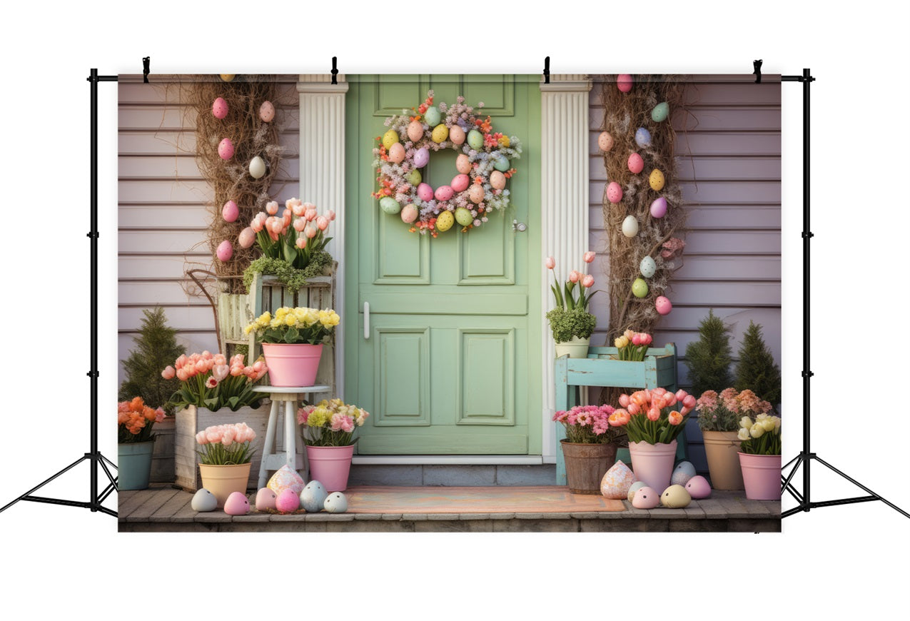 Fond Photo Pâques Idées Porte Verte Décor Tulipes BRP12-404