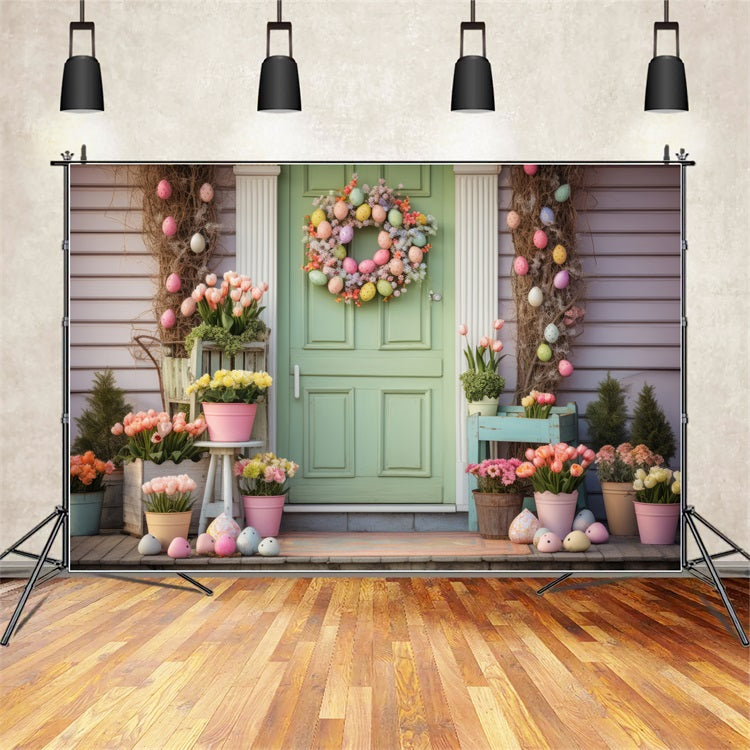 Fond Photo Pâques Idées Porte Verte Décor Tulipes BRP12-404