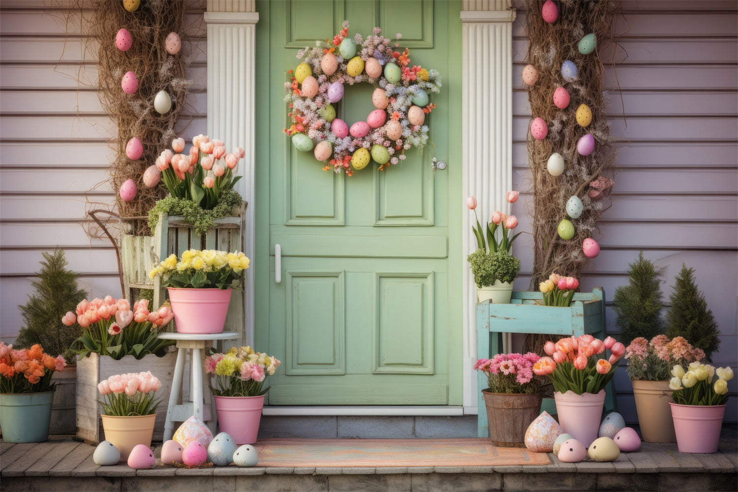 Fond Photo Pâques Idées Porte Verte Décor Tulipes BRP12-404