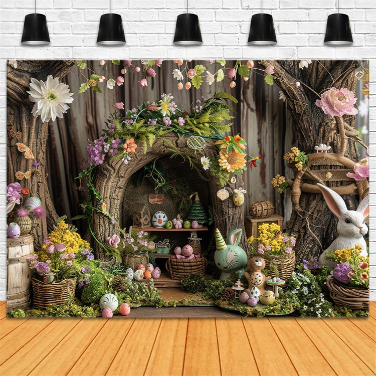 Fond Studio Photo Pâques Maison Arbre Rustique Décor Lapin BRP12-411