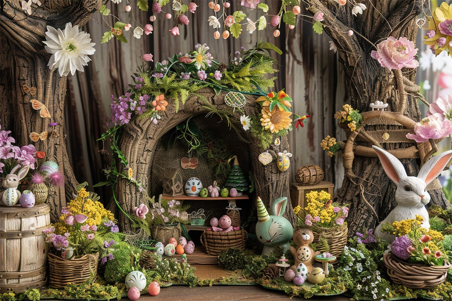 Fond Studio Photo Pâques Maison Arbre Rustique Décor Lapin BRP12-411