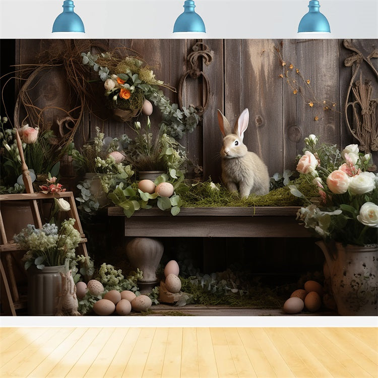 Fond Studio Photo Pâques Jardin Floral Lapin Rustique BRP12-418