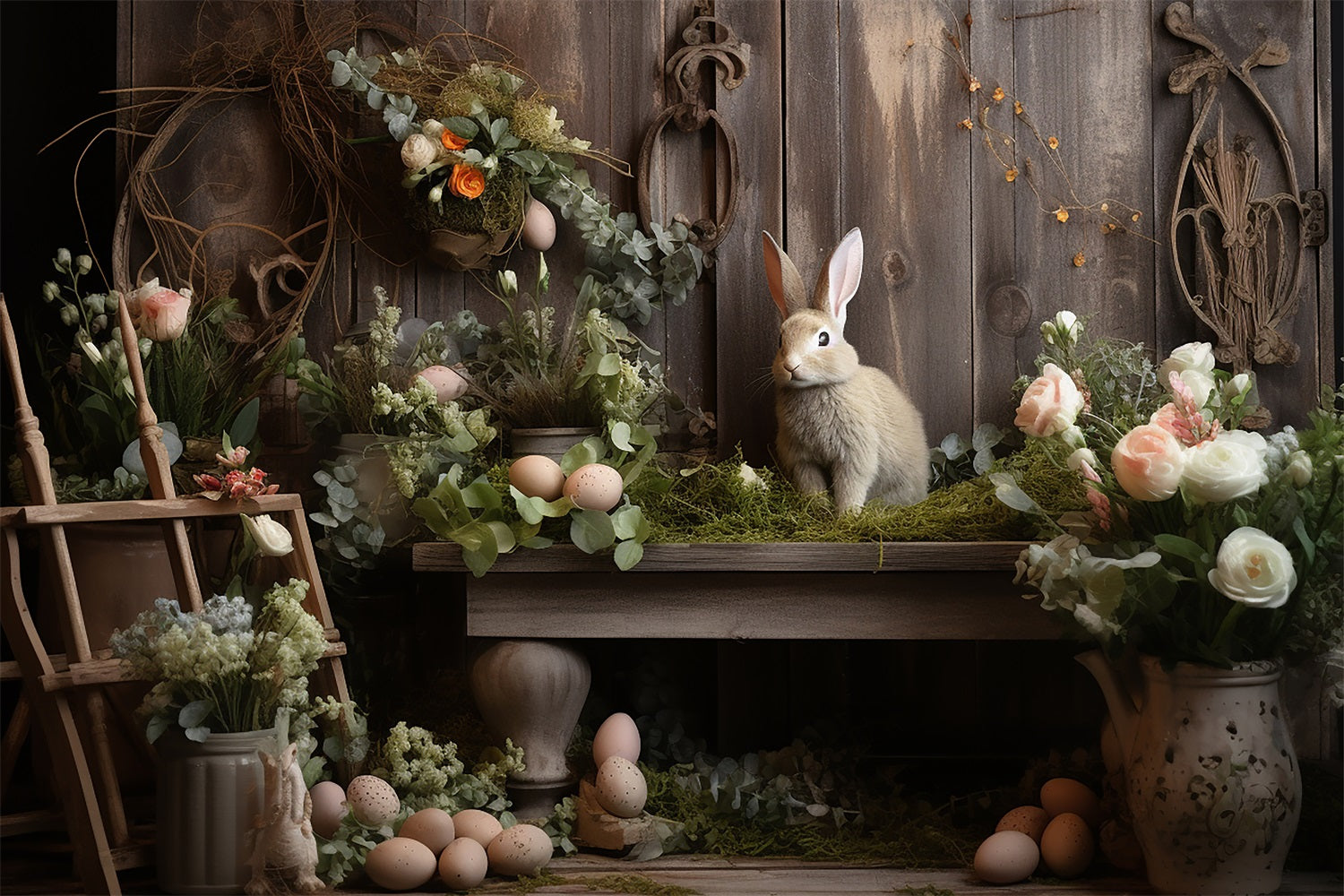 Fond Studio Photo Pâques Jardin Floral Lapin Rustique BRP12-418