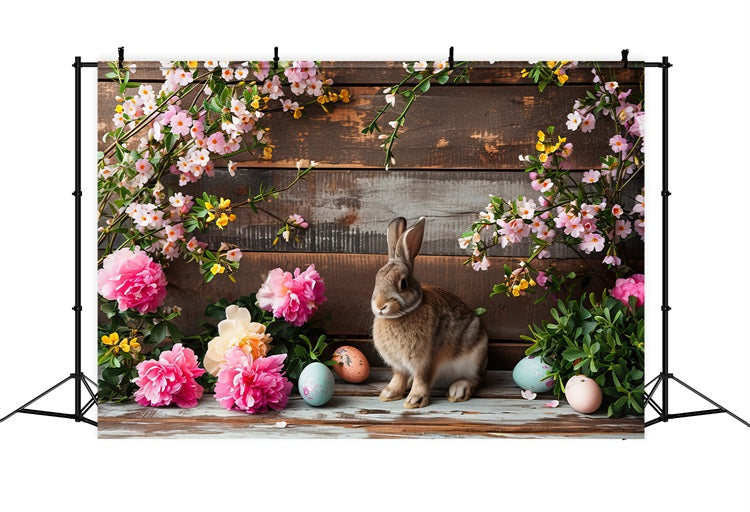 Fond Studio Photo Pâques Fleurs Roses Lapin Bois Rustique BRP12-421