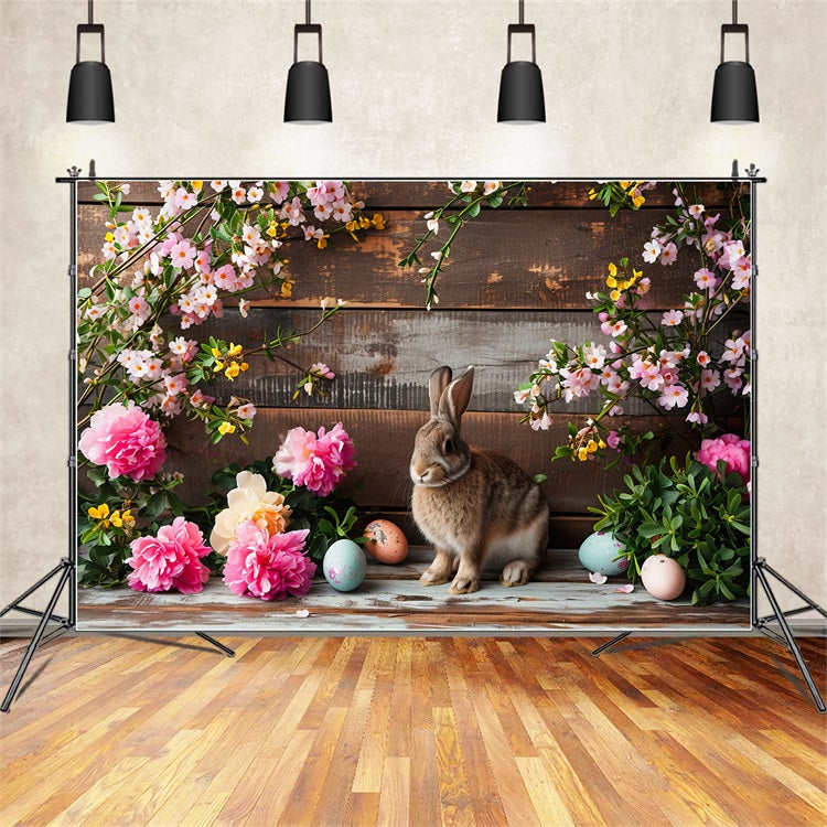 Fond Studio Photo Pâques Fleurs Roses Lapin Bois Rustique BRP12-421