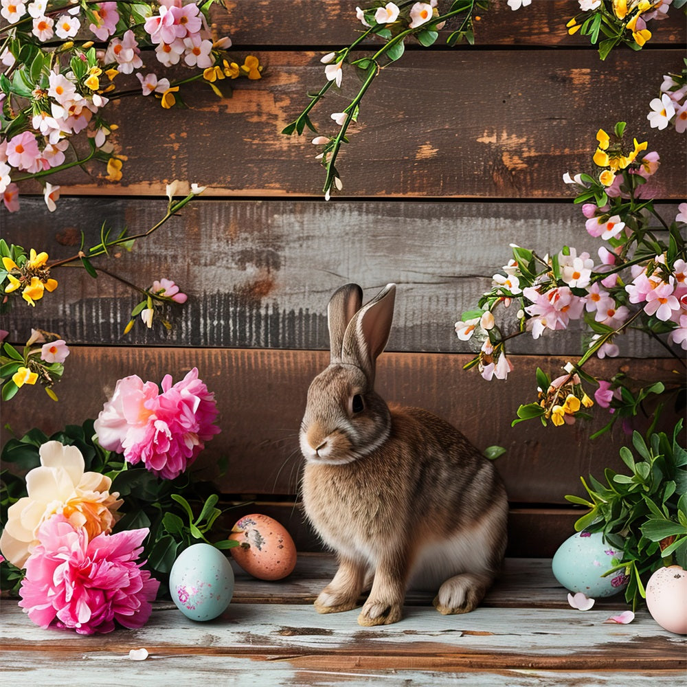 Fond Studio Photo Pâques Fleurs Roses Lapin Bois Rustique BRP12-421